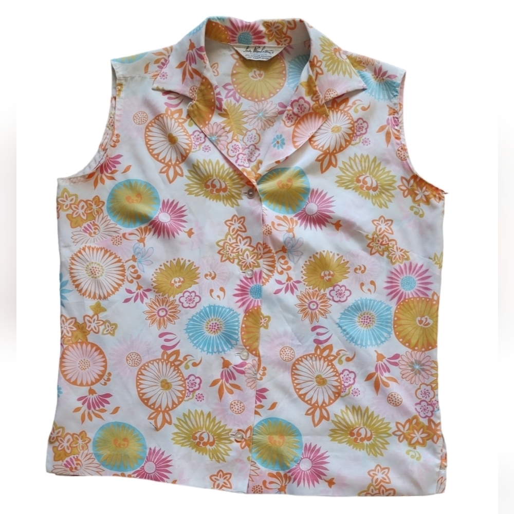 LADY Manhattan Vintage Sleeveless Bright Floral Design Blouse Sz.14